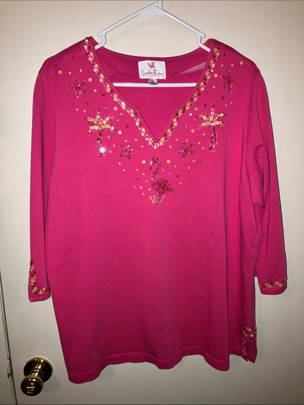 Quacker Factory Hot Pink Embellished V-Neck Tunic Flamingos 1X